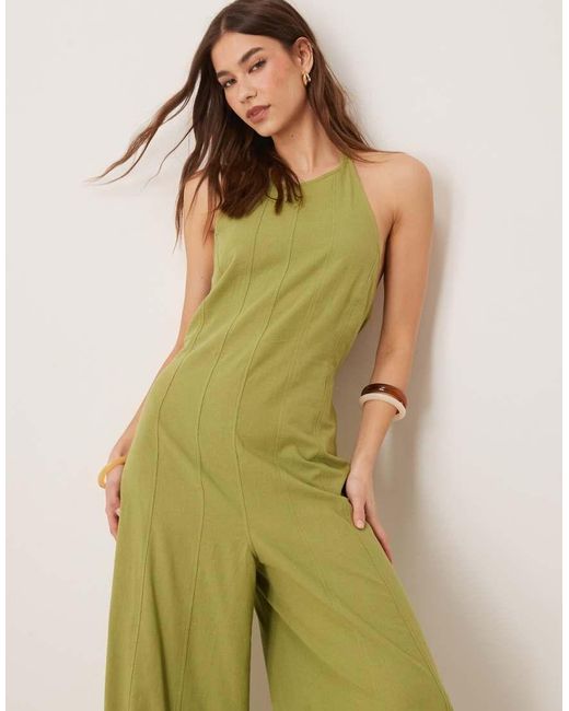 Tuta Jumpsuit Allacciata Al Collo A Fondo Ampio Con Cuciture Color Salvia di ASOS in Green