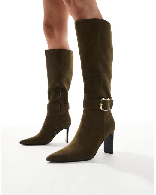 London Rebel Black Leah Kitten Heel Knee Boots With Buckle Detail