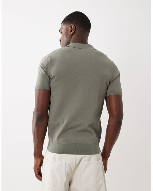 SELECTED Gray Knit Split Neck Polo for men