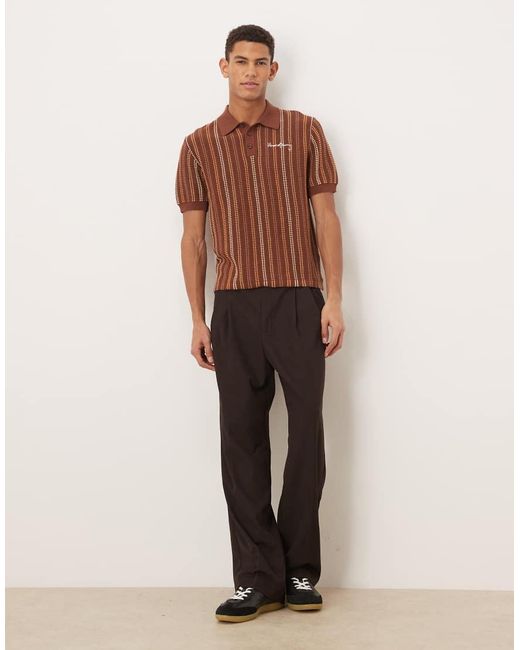 House Of Sunny Brown Knitted Striped Polo Shirt for men
