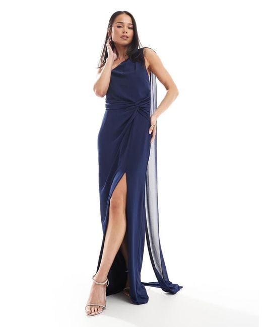 TFNC London Blue Bridesmaid One Shoulder Maxi Dress With Twist Front And Scarf Detail