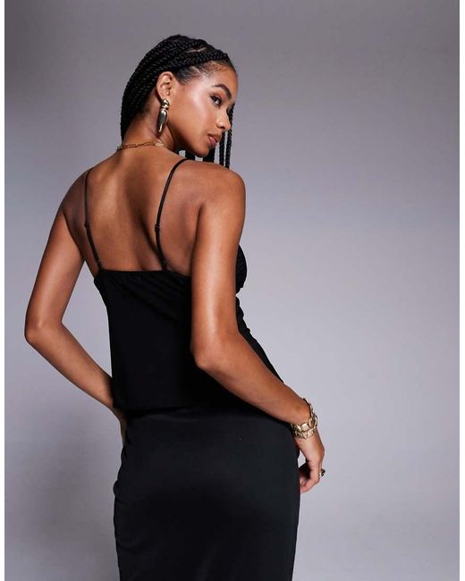 Fashionkilla Black Exclusive Double Sculpted Slinky Ruffle Front Mesh Overlay Top Co-ord