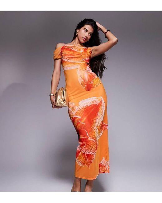 Kaiia Orange Exclusive Double Layered Slinky Drape Off Shoulder Maxi Dress