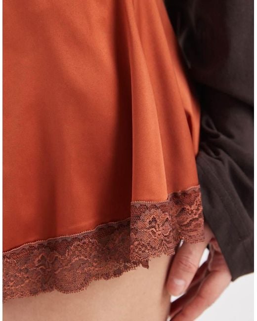 Miss Selfridge Brown Satin Lace Trim Micro Shorts