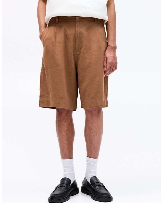 Pull&Bear Brown Baggy Linen Blend Bermuda Shorts for men