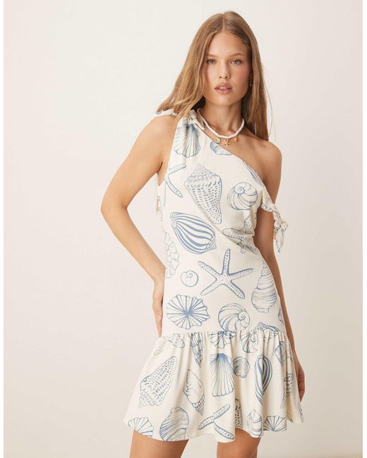 ASOS White – minikleid mit muschelmuster, abfallender schulterpartie, geknoteten trägern und tiefer taille