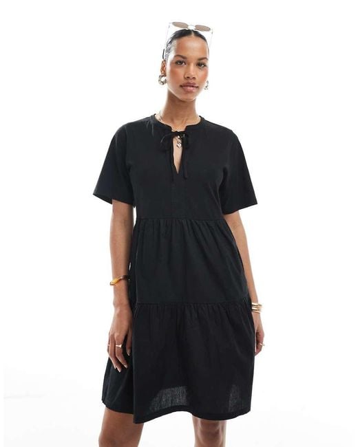 Threadbare Black Cotton Rich Tiered Short Sleeve Mini Dress With Keyhole Detail