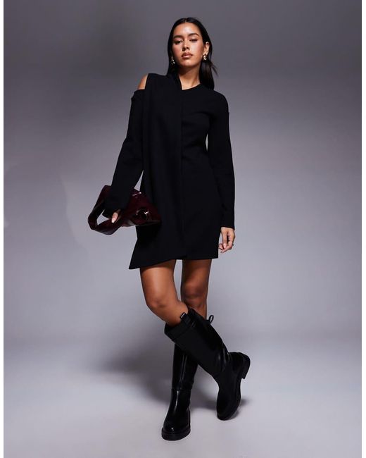 ASOS Black Supersoft Slash Neck Scarf Detail Mini Dress