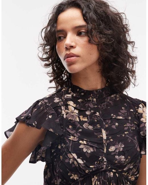 AllSaints Black Shaela Floral Ruffle Maxi Dress
