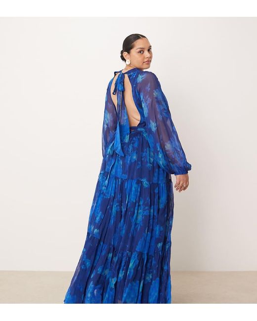 Lace & Beads Plus Blue Chiffon Balloon Sleeve Maxi Dress
