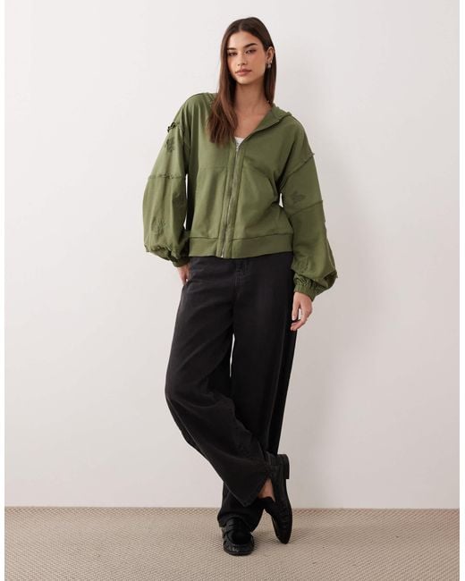 ASOS Green Zip Through Hoodie With Embroidered Flower Detail