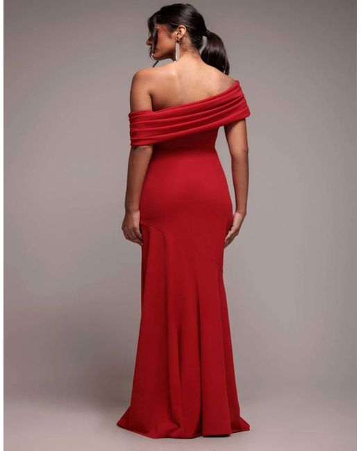 Goddiva Red Pleated One Shoulder Bardot Fit And Flare Maxi Dress