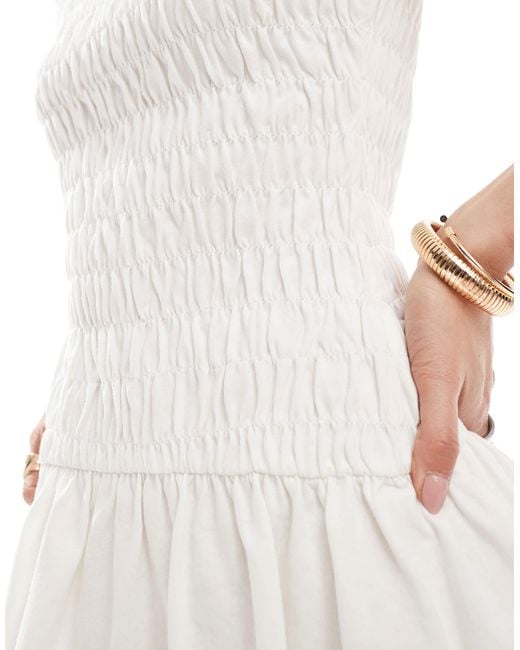 ASOS White Shirred Mini Dress With Cap Sleeve