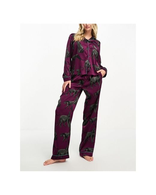 Chelsea Peers Red Exclusive Satin Panther Print Button Top And Pants Pajama Set