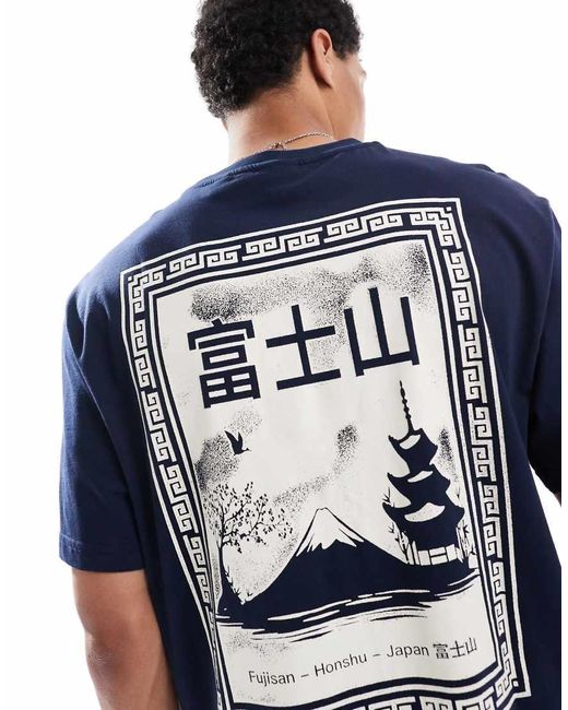Camiseta Extragrande Con Estampado Japonés En La Espalda De Only & Sons de hombre de color Blue