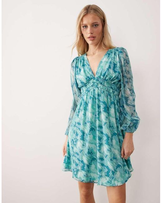 Lovedrobe Blue Long Sleeve Shirred Empire Waist Mini Dress