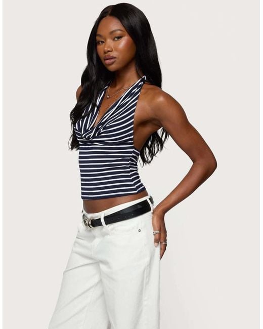 Edikted Blue Striped Cowl Neck Halter Top