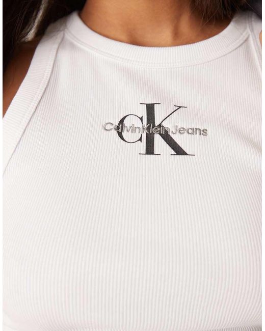 Canotta Bianca A Coste Con Monogramma di Calvin Klein in Gray