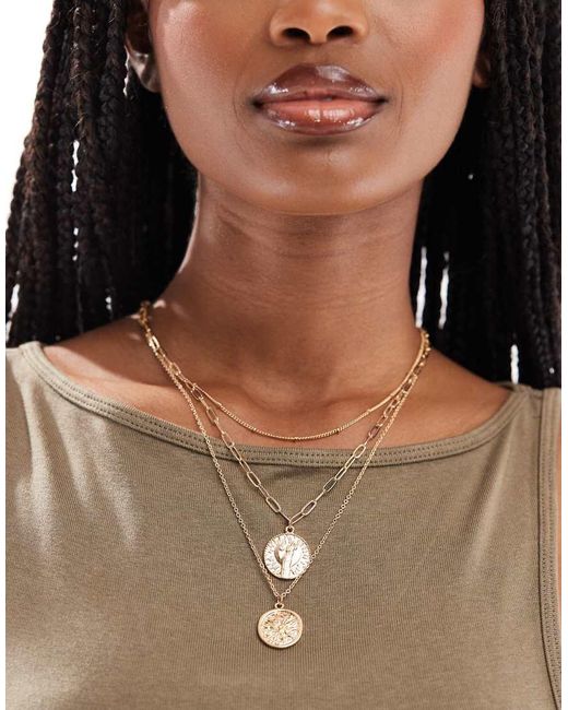 Pieces Brown Multi Chain Necklace With Coin Charm Detail