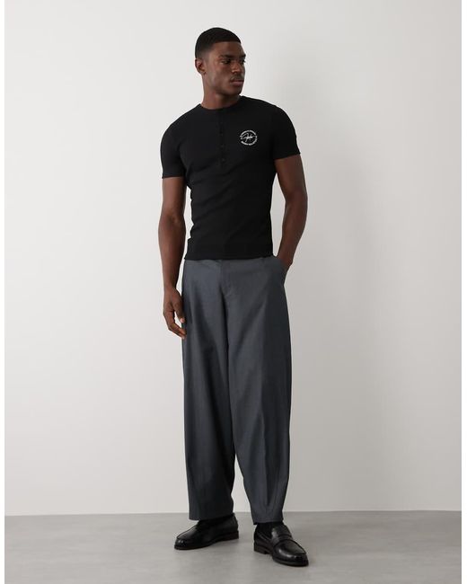 ASOS Black Muscle Henley T-shirt With Chest Graphic for men