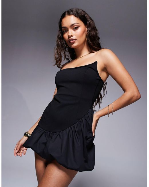 ASOS Blue Asos Design Petite Scuba Asymmetric Bandeau Mini Dress With Puffball Skirt