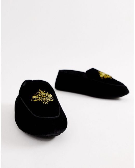 Dunlop – Bestickte Loafer-Hausschuhe aus Samt in Black für Herren