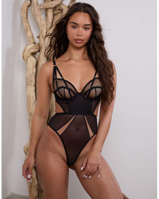 Wolf & Whistle Brown X Michelle Domingos Mesh Strappy Plunge Body