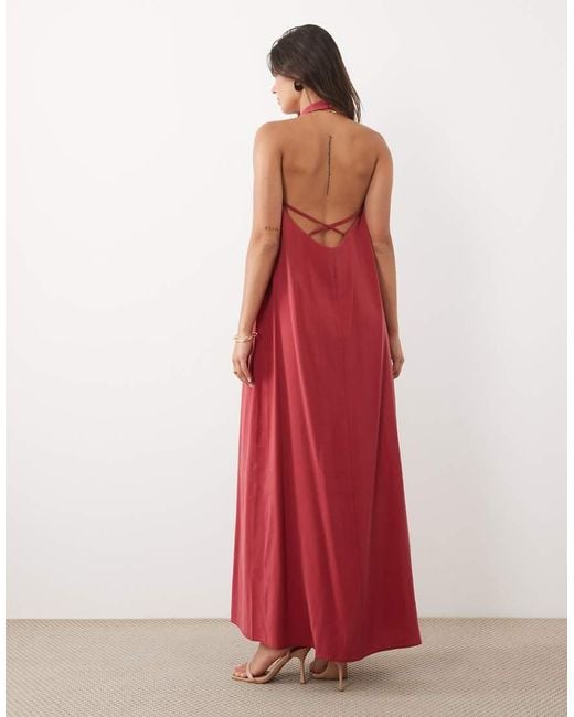 ASOS Red High Gathe Neck Maxi Dress With Open Back