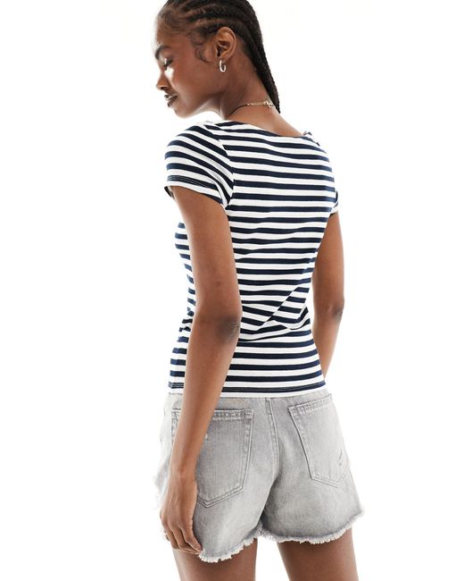 Monki Blue Fitted Short Sleeve Top With Boat Neck