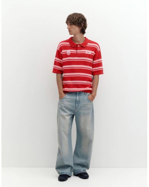 Pull&Bear Red Stwd Striped Knit Polo Shirt for men