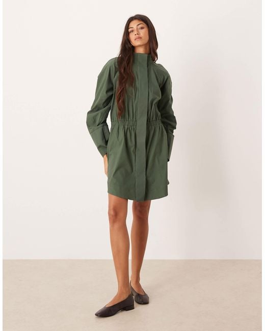 ASOS Green High Neck Shirt Mini Dress With Cinched Waist