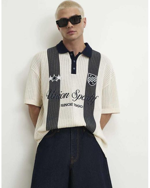 River Island Blue Oversized Fit Stripe Crochet Polo Shirt for men
