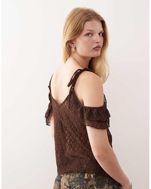 Reclaimed Vintage Brown Lace Cami Lace Top With Sleeve Detail