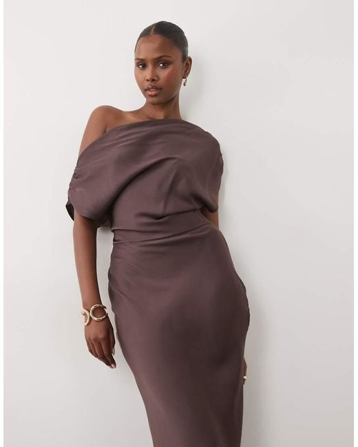ASOS Brown One Shoulder Asymmetric Satin Maxi Dress