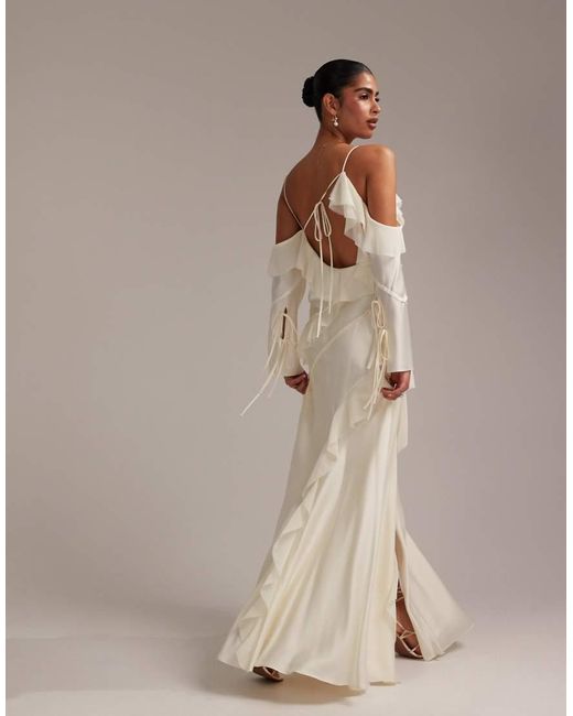 ASOS Natural Satin Chiffon Mix Ruffle Cold Shoulder Maxi Dress