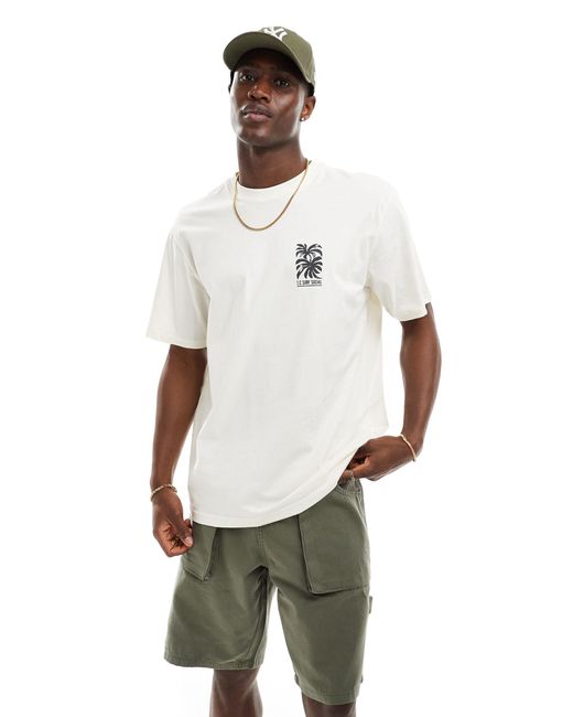 T-shirt comoda nera con stampa sul retro di pianta di palma di Only & Sons in White da Uomo