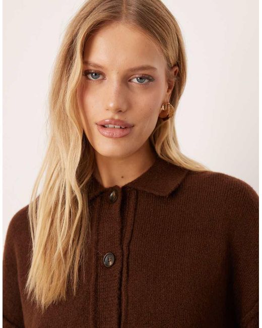 ASOS Brown Knitted Collar Shirt Cardigan With Seam Detail