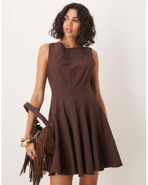 ASOS Natural Linen Blend Slash Neck Seamed Fit And Flare Mini Dress