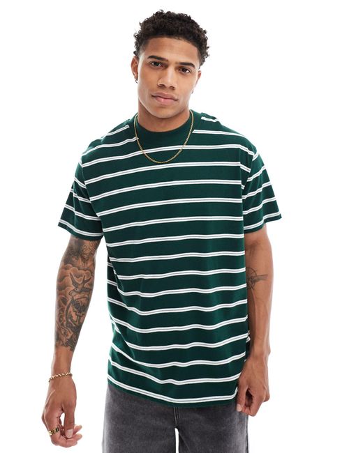 Brave Soul Green Oversized High Neck Stripe T-shirt for men