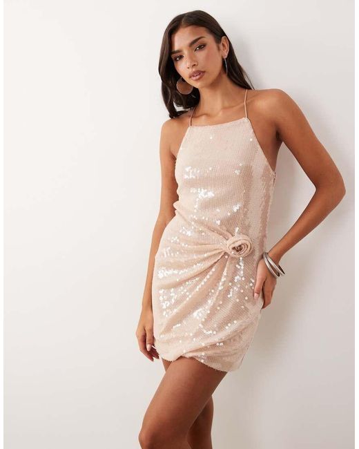 ASOS Natural Sequin Mini Dress With Corsage Detail