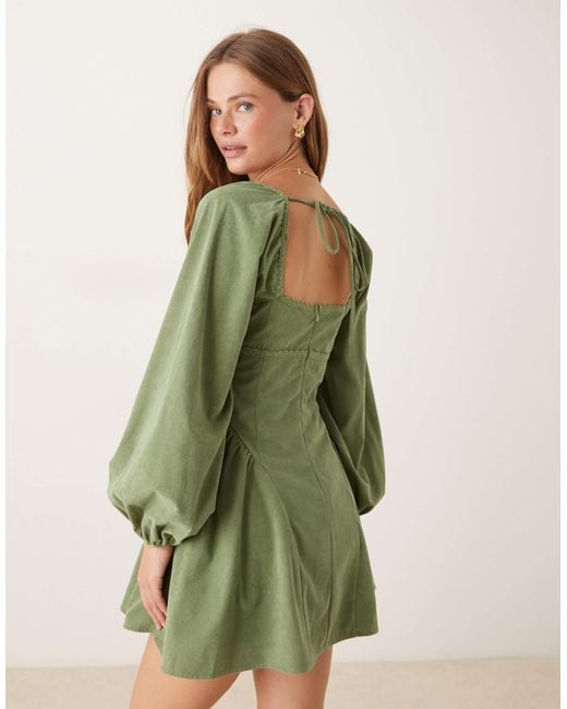 ASOS Green Cord Square Neck Gather Bust Mini Dress With Volume Sleeve And Lace Trims