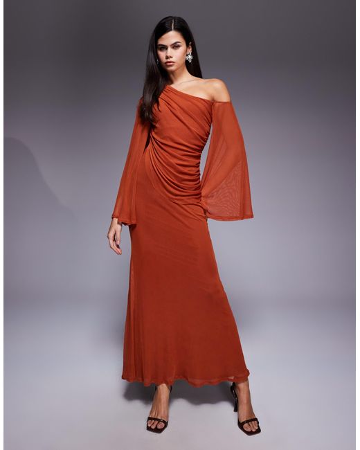 ASOS Red Off Shoulder Wide Sleeve Draped Maxi Dress