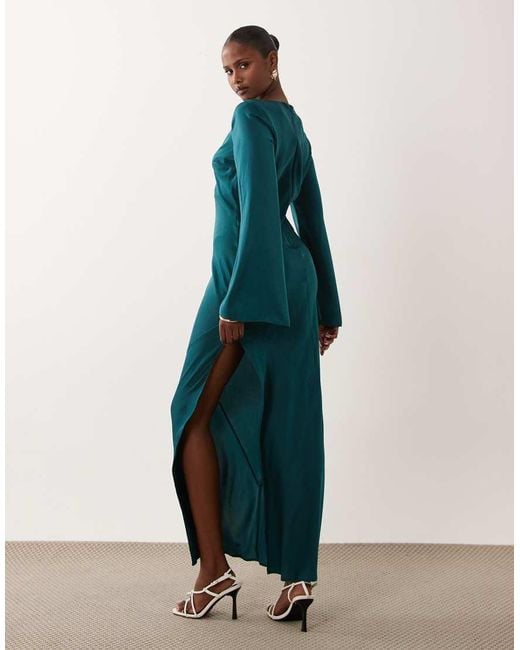 ASOS Blue Satin Maxi Dress With Fluted Sleeves