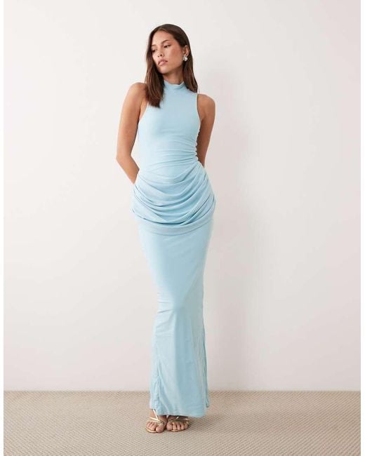 Wanderdoll Blue Ari Sculpted High Neck Sleeveless Drape Detail Maxi Dress