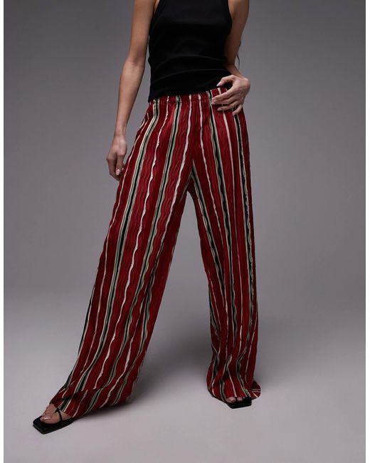 TOPSHOP Women's Brown Stripe Plisse Wide Leg Trouser