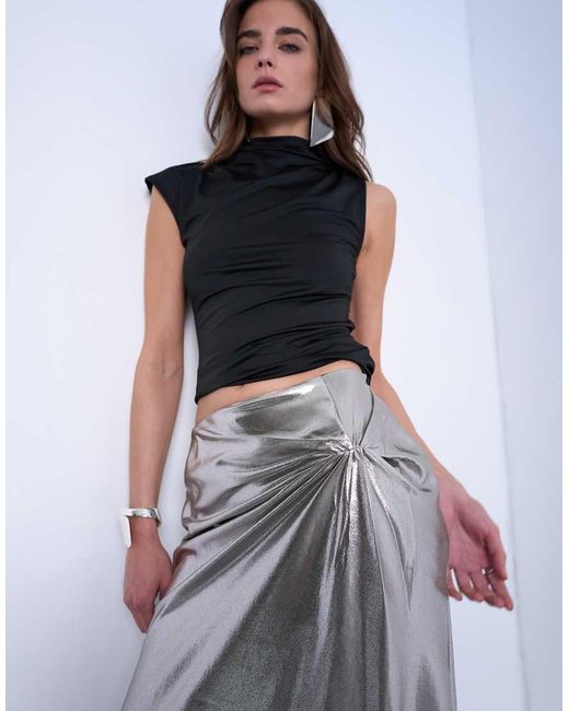 TOPSHOP White Metallic Knot Midi Skirt