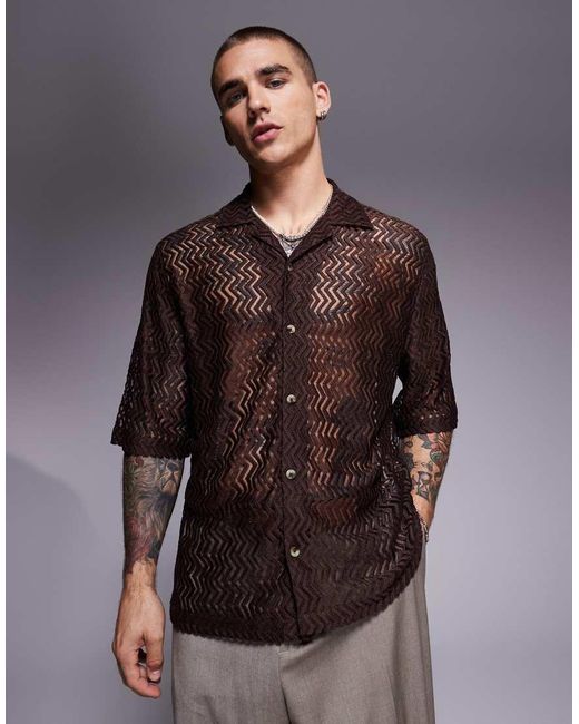 ASOS Brown Boxy Revere Shirt Crochet Shirt for men