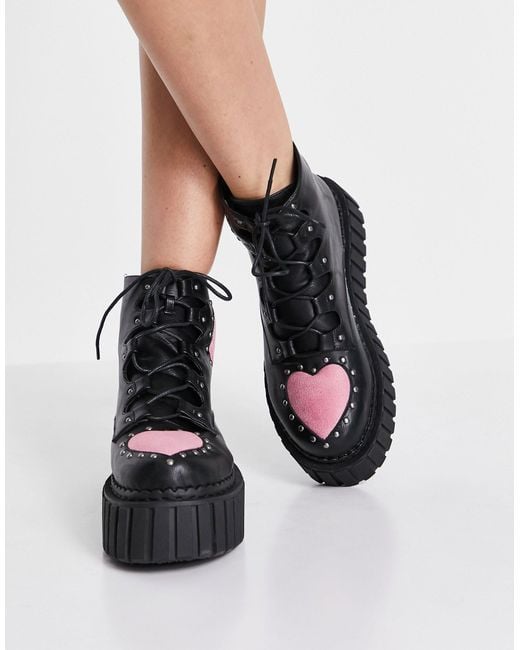 Lamoda Black Chunky Creeper Boots With Pink Hearts