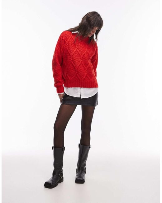 TOPSHOP Red Knitted Chunky Twist Cable Crew Neck Oversized Jumper