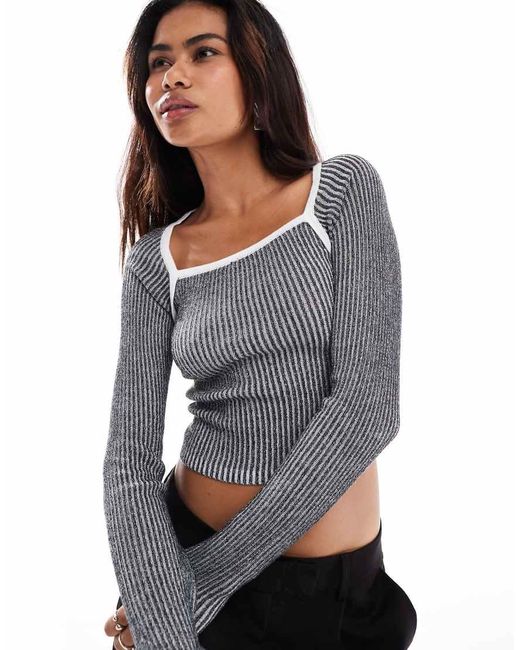 Something New Gray Corpcore Ribbed Long Sleeve Top With Contrast Stitch